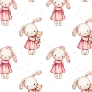 May include: A repeating pattern of cartoon bunnies wearing pink dresses and holding teddy bears. Some bunnies have a flower on their head. The background is white with small pink dots.