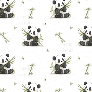 Peut inclure: Motif répété de pandas mignons, noirs et blancs, tenant des tiges de bambou. Les pandas sont sur un fond blanc avec des feuilles de bambou vertes éparpillées et le texte "rustic artlab".