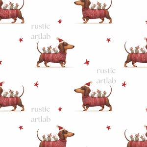 May include: A repeating pattern featuring a dachshund wearing a red sweater and Santa hat, with mice riding on its back. Red stars and the text "rustic artlab" are scattered across the white background.