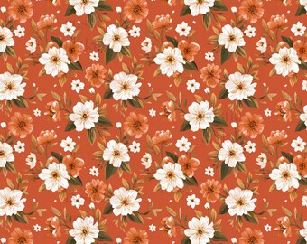 Autumn Flowers Seamless Pattern, Orange Fall Floral Fabric Design, Ditsy Flowers Repeat Tile Digital Download