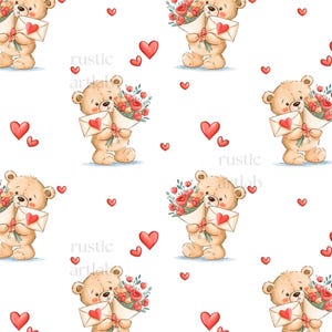 May include: A repeating pattern featuring light brown teddy bears holding bouquets of red flowers and white envelopes with red hearts. Small red hearts are scattered throughout the design on a white background with the text rustic artlab.
