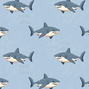 May include: A repeating pattern featuring cartoon sharks in blue and white on a pale blue backdrop. The sharks are smiling and positioned in different directions. This design is suitable for children's items and textiles.