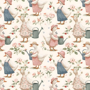 May include: A repeating pattern featuring geese dressed in aprons, overalls, and hats, holding watering cans and strawberries. The geese are surrounded by pink flowers and green foliage against a cream background.