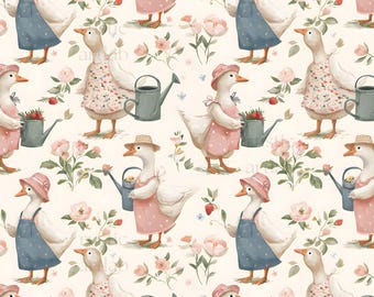 May include: A repeating pattern featuring geese in aprons, dungarees, and hats, holding watering cans and strawberries. The geese are surrounded by pink flowers and green foliage against a cream background.