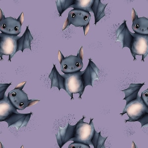 Pode incluir: Um padrão repetido de morcegos de desenho animado em várias poses sobre um fundo lavanda. Os morcegos são cinzentos com orelhas e barrigas cor-de-rosa e têm olhos grandes e expressivos. As asas estão abertas em diferentes posições.