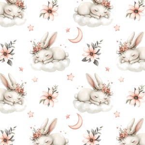 May include: Watercolor pattern featuring sleeping white bunnies adorned with floral crowns, resting on fluffy clouds. The design includes peach-colored flowers, stars, and crescent moons on a white background. A whimsical and gentle theme.