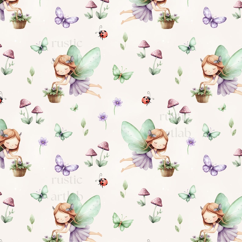 Garden Fairy Seamless Pattern - Watercolour Fairy Nursery Fabric Design ...