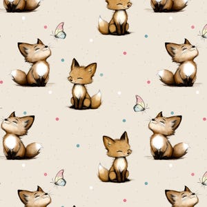 Può includere: Uno schema senza cuciture con volpi dei cartoni animati carine con pelliccia marrone e accenti bianchi. Le volpi stanno guardando in alto le farfalle con ali rosa e blu. Lo sfondo è di colore beige chiaro con punti rosa, blu e bianchi sparsi.