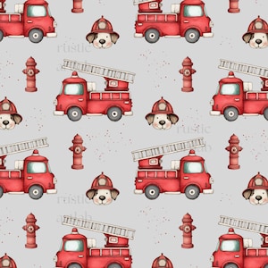 May include: A repeating pattern on a light gray background features red fire trucks with ladders, fire hydrants, and a dog wearing a firefighter helmet. The design is a watercolor style.