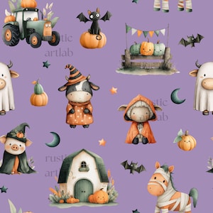 Halloween Farm Animals Seamless Pattern, Cute Halloween Repeat Tile, Cow, Sheep, Horse Baby Fabric Design Digital Download