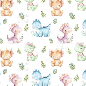 Puede incluir: Patrón repetitivo de dinosaurios en acuarela en colores pastel. Los dinosaurios son de color azul, verde, morado y naranja, con adornos florales y lazos. Hojas verdes dispersas sobre un fondo blanco.