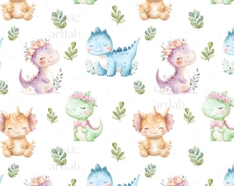 Baby Dinosaur seamless pattern, Floral Dino Fabric Design, Kids Dinosaur Repeat Tile Digital Download