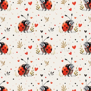 Può includere: Motivo ripetuto con coccinelle dei cartoni animati con gusci rossi e pois neri, circondate da cuori rossi e neri, foglie marroni e punti su sfondo crema. Le coccinelle hanno facce sorridenti.