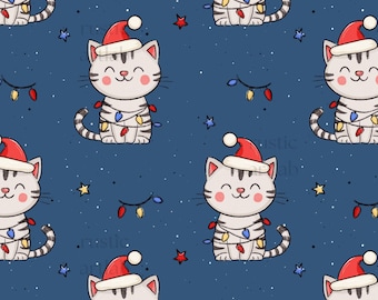 Christmas Kitten Seamless Pattern, Christmas Fabric Designs, Adorable Cat with Christmas Lights Repeat Tile Digital Download