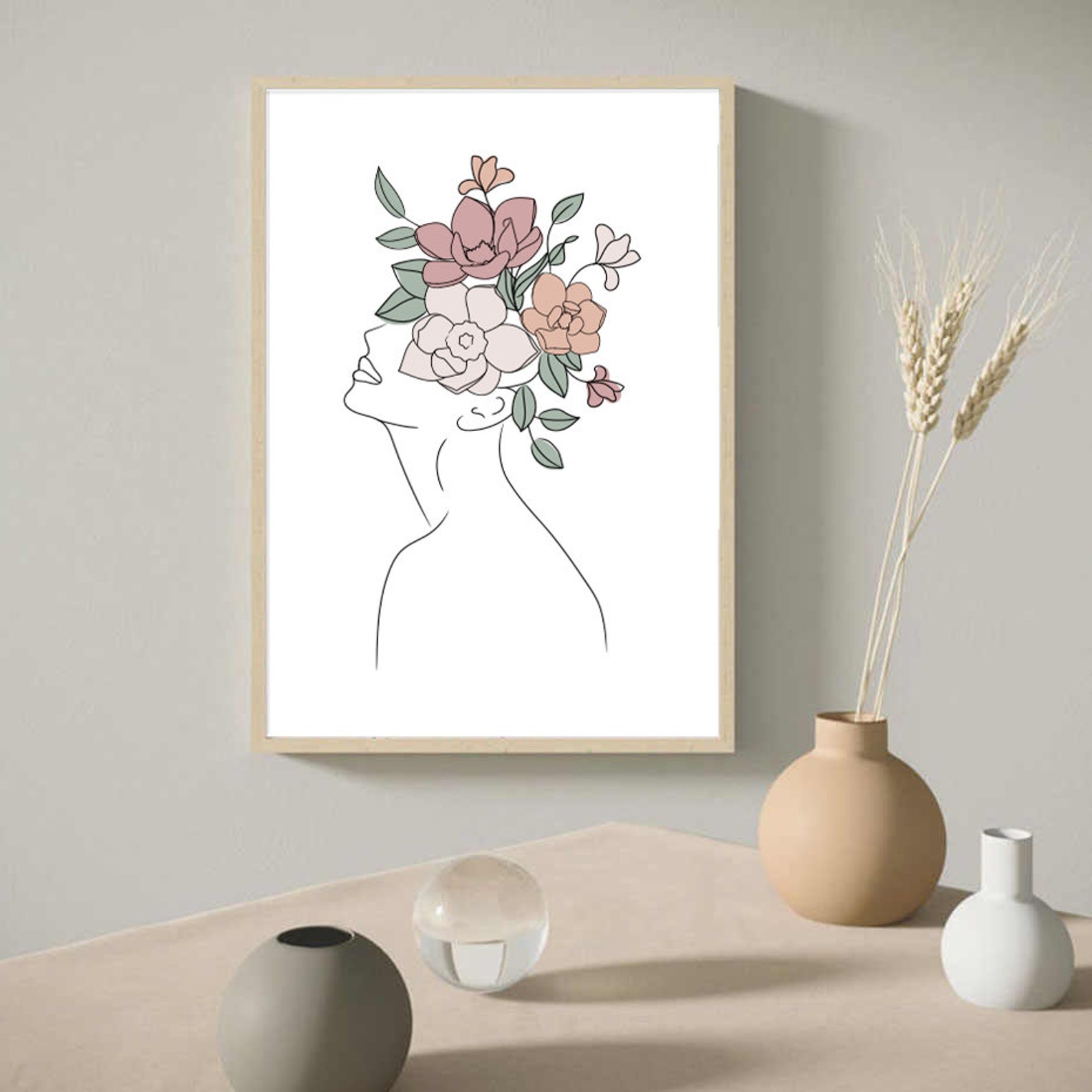 Head Of Flowers Art Print Woman With Flower Head Modern Wall Etsy