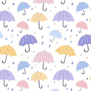 May include: A seamless pattern featuring colorful umbrellas with polka dots and raindrops on a white background. The umbrellas are in shades of blue, purple, yellow, and pink.