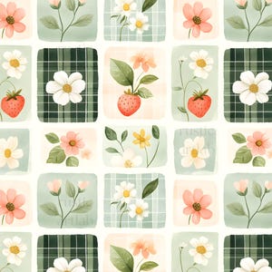 May include: A repeating pattern of watercolor illustrations featuring strawberries, daisies, and other flowers. The design includes green plaid and checkered backgrounds, with the text "rustic artlab" visible in some squares. The color palette is soft and pastel.
