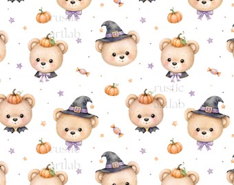 Halloween Seamless Pattern, Cute Bears Fabric Design, Adorable Teddy wearing Halloween Costume Fabric Print Digital Download