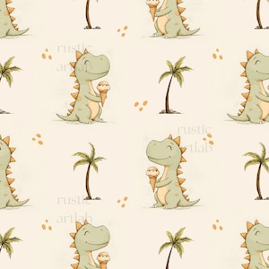 Dinosaurie sömlöst mönster, dinosaurie med glass tygdesign, baby dinosaurie upprepa kakel digital nedladdning