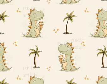 Dinosaur Seamless Pattern, Dinosaur with Ice-cream Fabric Design, Baby Dino Repeat Tile Digital Download