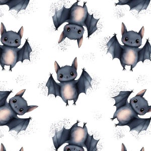 May include: A repeating pattern featuring cartoon bats in different poses. The bats are mainly dark grey with pink bellies and large, expressive eyes. Each bat is surrounded by small black speckles on a white background.