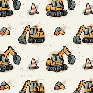 May include: A repeating pattern on a cream background featuring yellow construction excavators, orange and white traffic cones, and small piles of brown bricks. The design includes scattered black speckles and the text rustic artlab.