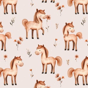 May include: A repeating pattern featuring watercolour illustrations of light brown horses with flowing manes and tails. The horses are interspersed with floral and leaf elements in shades of brown and orange, set against a pale pink background.