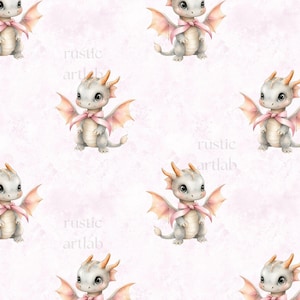 May include: A repeating pattern of adorable cartoon dragons on a pink background. Each dragon is gray with orange horns, pink wings, and a pink bow. The text "rustic artlab" is printed in white on the background.