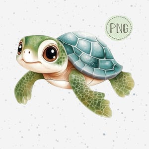 Puede incluir: Ilustración en acuarela de una linda tortuga marina con grandes ojos marrones, cabeza y aletas verdes y caparazón azul verdoso. La imagen tiene una etiqueta PNG en la esquina superior derecha y está sobre un fondo gris claro con pequeños puntos azules.