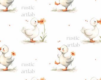Duck Seamless Pattern, Watercolour Goose with Flower Fabric Design, Cute Spring Duck Design digital download