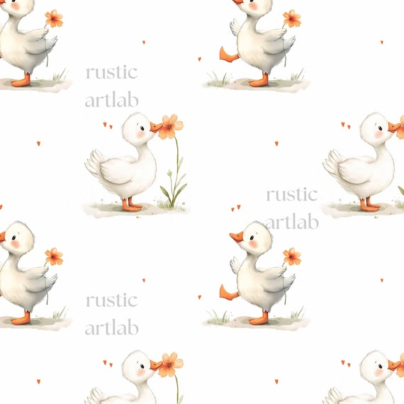 Duck Seamless Pattern, Watercolour Goose with Flower Fabric Design, Cute Spring Duck Design digital download
