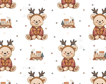 Christmas Bear Seamless Pattern, Teddy Bear Wearing Pyjamas Fabric Design Digital Download