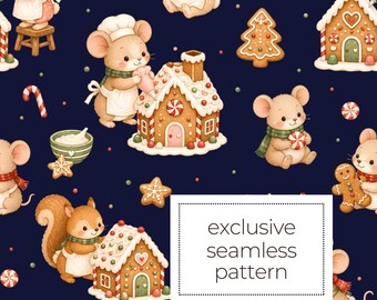 Gingerbread House Exclusive Colourway Seamless Pattern, Mice Bakers Fabric Design