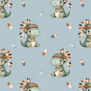 May include: A repeating pattern of cartoon dinosaurs wearing Native American headdresses and necklaces, with scattered feathers on a light blue background. The dinosaurs are green with tan bellies and are smiling.