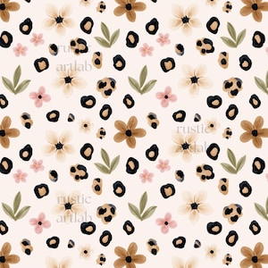 May include: A repeating pattern on a light cream background featuring five-petaled flowers in shades of beige and brown, small pink blossoms, green leaves, and black and tan leopard print spots. The text rustic artlab appears in light grey.