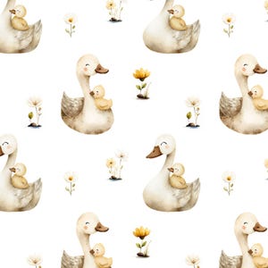 May include: Watercolor pattern featuring white swans with a baby duckling on their backs, surrounded by small yellow and white flowers. The design has a soft, pastel color palette, perfect for baby-themed products.