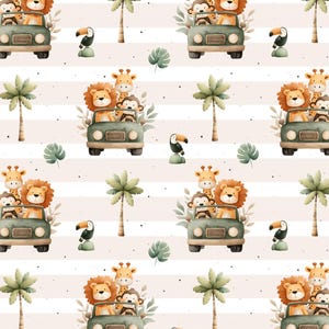 May include: Watercolor pattern featuring a repeating design of safari animals in a green jeep. The animals include a lion, giraffe, and monkey. Palm trees and toucans are also present on a striped background. The color palette includes shades of green, brown, and beige.