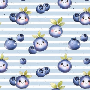 May include: A repeating pattern of cartoon blueberries with smiling faces and green leaves. The blueberries are various sizes and clustered together. The background has light blue and white stripes with small gray speckles.