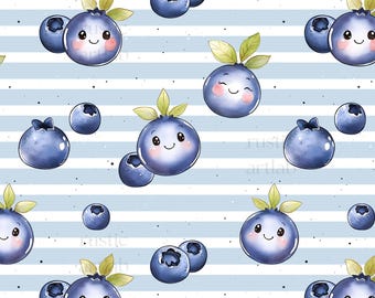Blueberries Seamless Pattern, Kids Fruit Fabric Design, Kawaii Style, Blueberry Background, commercial use