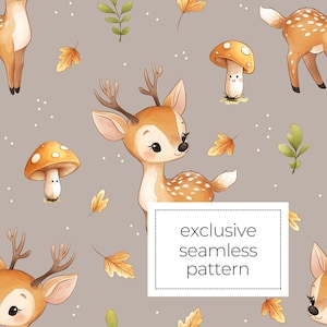 Baby Deer Exclusive Seamless Pattern, Cute Deer Fabric Design, Autumn Woodland Animal Digital Download