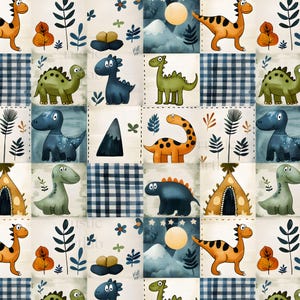 Könnte beinhalten: Ein Patchwork-Design mit Cartoon-Dinosauriern in verschiedenen Farben, darunter Orange, Grün und Blau. Die Quadrate enthalten auch Berge, Monde und florale Elemente, vor einem cremefarbenen Hintergrund mit rustikaler Ästhetik.