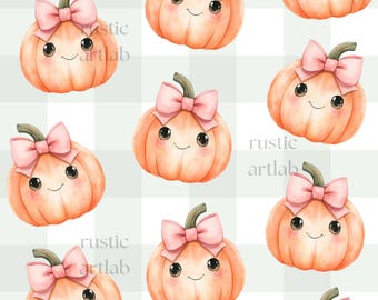 Pumpkin Pink bow Seamless Pattern, Kawaii Pumpkin Digital Paper, Adorable Pumpkin Autumn Fabric Design Gingham Background