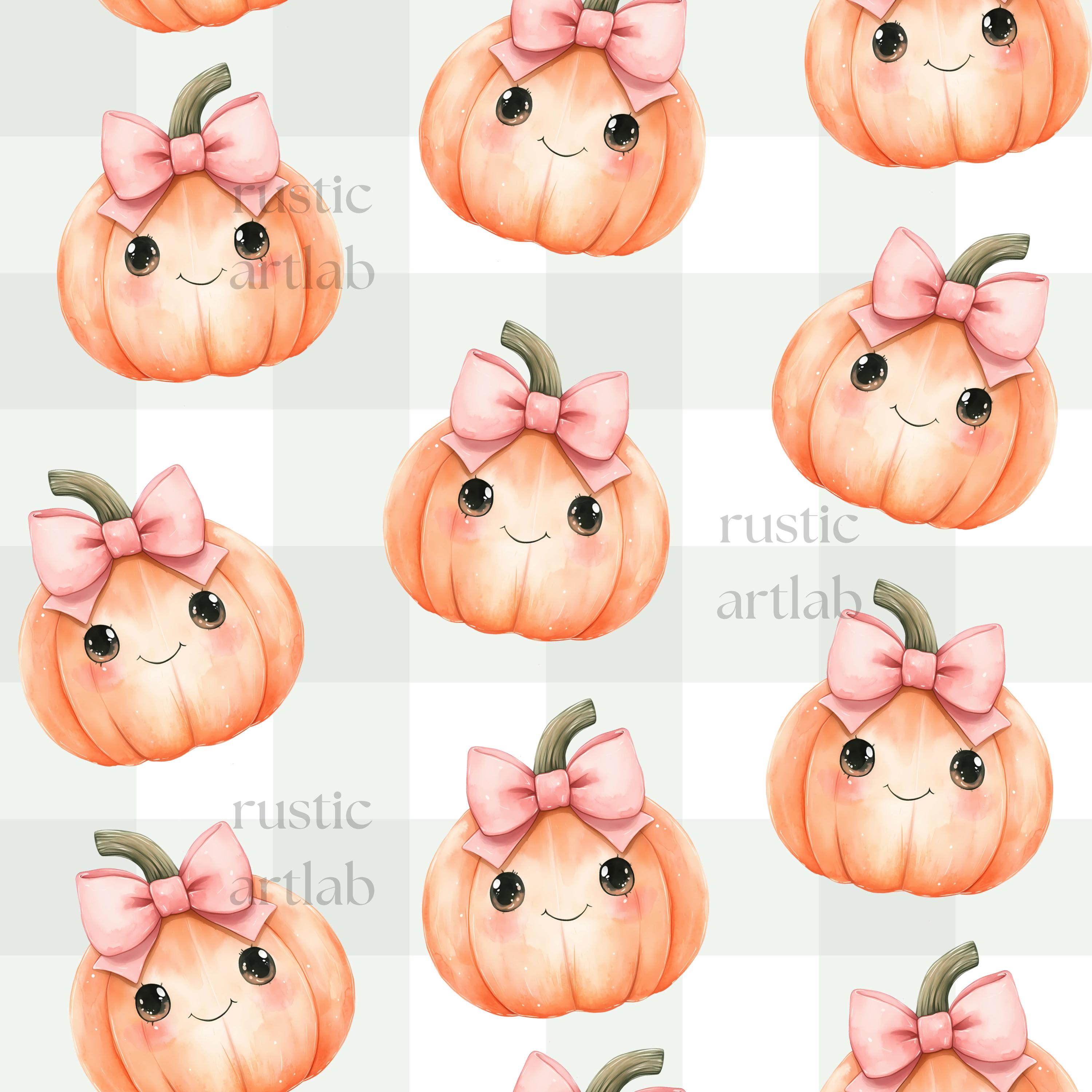 Pumpkin Pink Bow Seamless Pattern, Kawaii Pumpkin Digital Paper ...