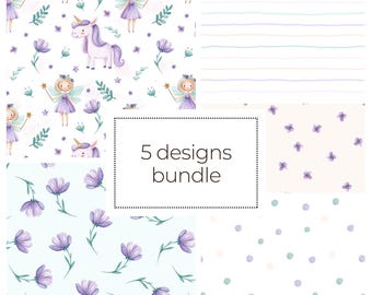 Magic Fairy Seamless Pattern - Watercolour Fairy and Unicorn Fabric Design Bundle - Purple Fairy Digital Paper - Magic Nursery Print