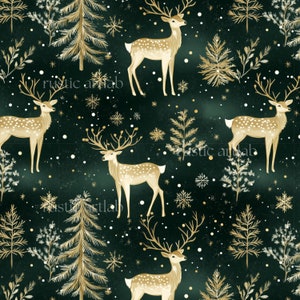 May include: A repeating pattern featuring deer with large antlers, gold-colored trees, and snowflakes on a dark green background. The deer have white spots and are in various poses. The overall design has a festive, wintery theme.