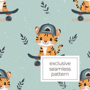 May include: Seamless pattern featuring cartoon tigers on skateboards, wearing caps, and set against a light blue background with leaf accents. The text "exclusive seamless pattern" is displayed in a white box.