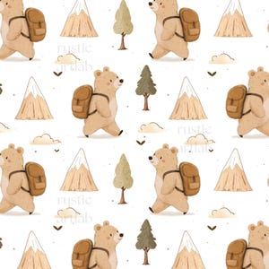 May include: A repeating pattern featuring cartoon bears with backpacks, walking among mountains, trees, clouds, and small arrows. The bears are light brown, the mountains are beige, and the trees are green. The background is white.