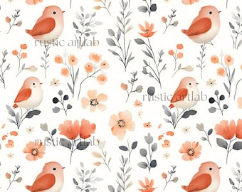 Motif floral et oiseaux sans couture - Papier numérique printanier, conception de tissu cottagecore, licence commerciale
