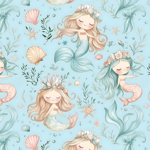 Naadloze zeemeerminpatroon - oceaanontwerp kinderen stof - schattige zeemeerminnen digitaal papier - zee baby zomerpatroon