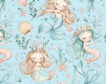 Mermaid Seamless Pattern - Ocean Kids Fabric Design - Cute Mermaids Digital Paper - Sea Baby Summer Pattern